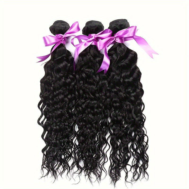 4 Bundles Water Wave Human Hair with 4x4 Lace Closure - 100% Virgin Remy Hair, Unprocessed Curly Wet and Wavy Weave for Natural Look, Includes Frontal Closure, Perfect for All Ethnicities